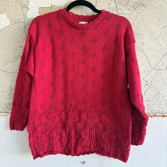 Vtg 80s Sweater Pointelle Knit Red Lace Pattern Made in USA Womens M Cottagecore - Picture 1 of 7